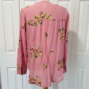Anthropologie Fig and Flower Embroidered Pink Button-Down Tunic Blouse